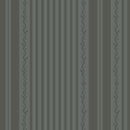 Patterned vertical stripes and a subtle scalloped leaf pattern climb up on a green gray background