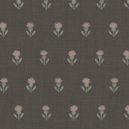 Pattern of small pink flowers on a dark ash brown background