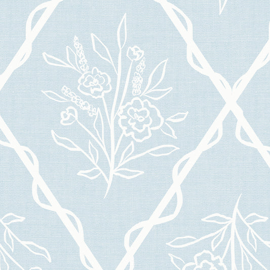 Close up Nursery wallpaper featuring Jessica's Floral Trellis Wallpaper- a classic floral pattern