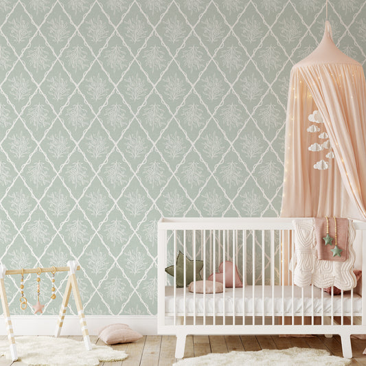 Nursery wallpaper featuring Jessica's Floral Trellis Wallpaper- a classic floral pattern