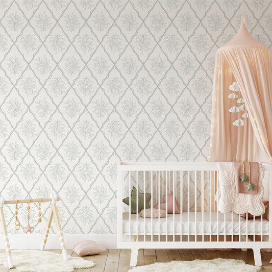 Nursery wallpaper featuring Jessica's Floral Trellis Wallpaper- a classic floral pattern