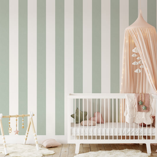 Nursery wallpaper featuring Gracie's Stripe Wallpaper- a classic stripe pattern
