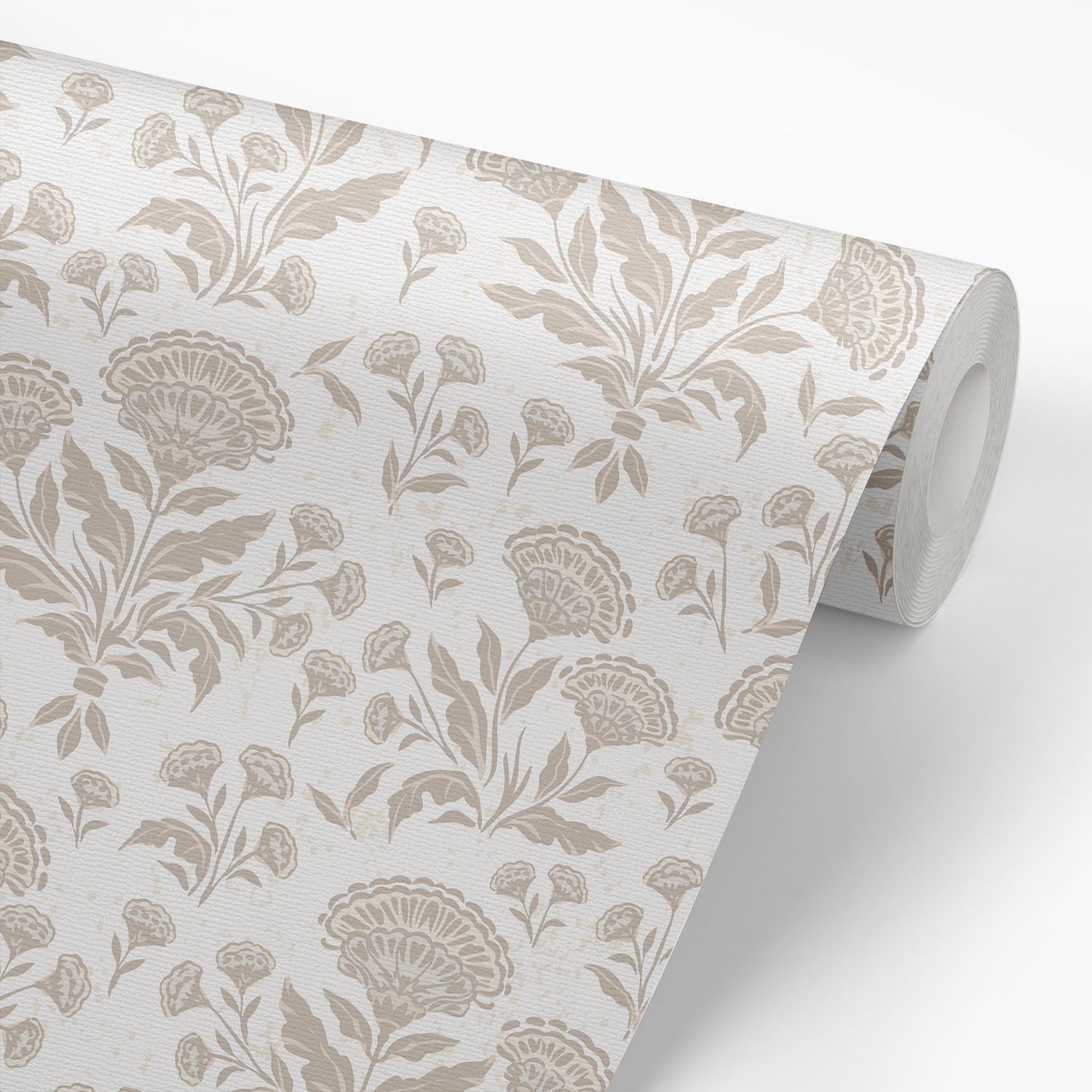 Roll of floral patterned wallpaper on a white background