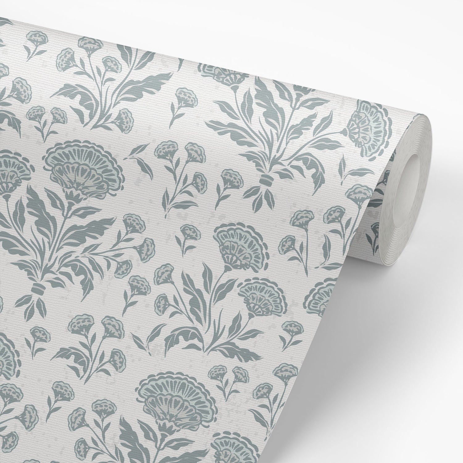 Roll of floral patterned wallpaper with dusty blue designs