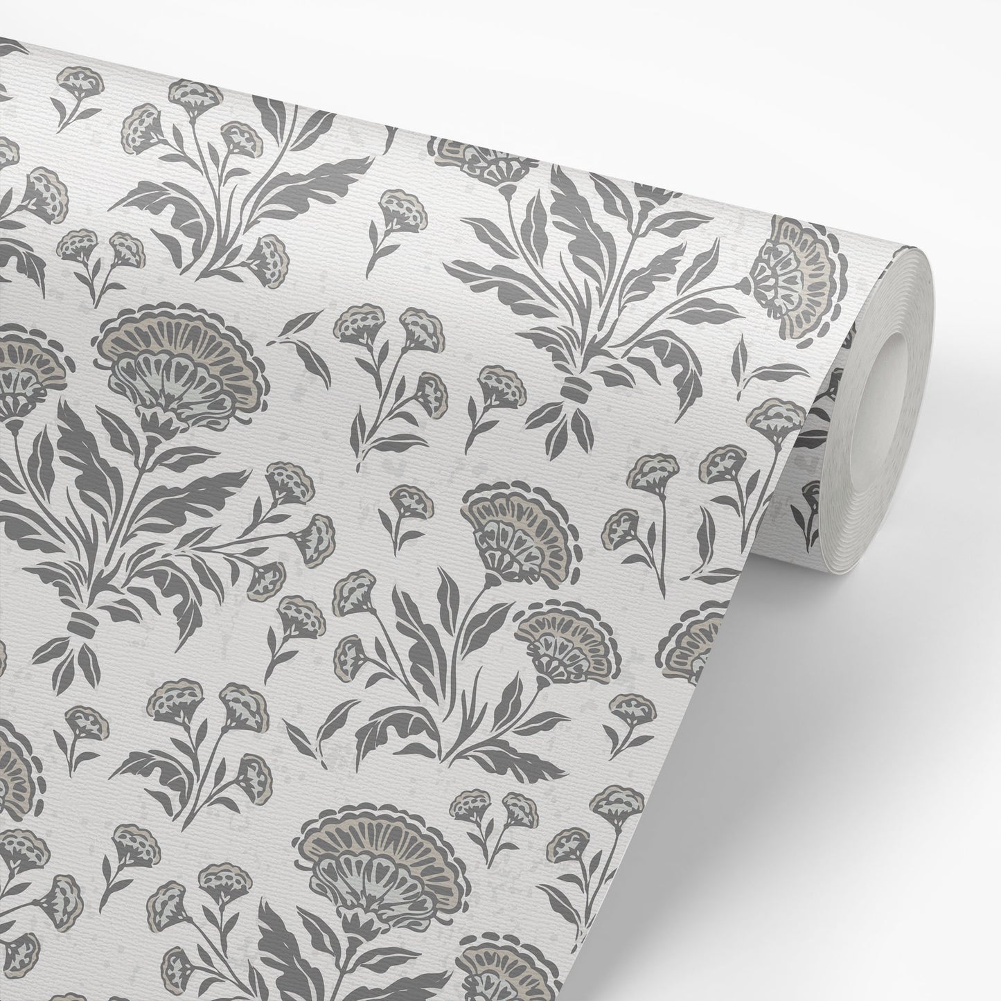Roll of floral patterned wallpaper on a white background