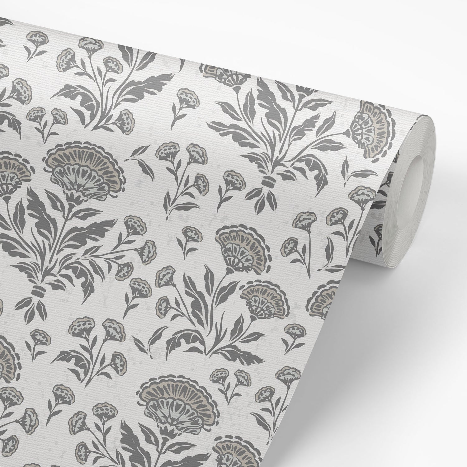 Roll of floral patterned wallpaper on a white background