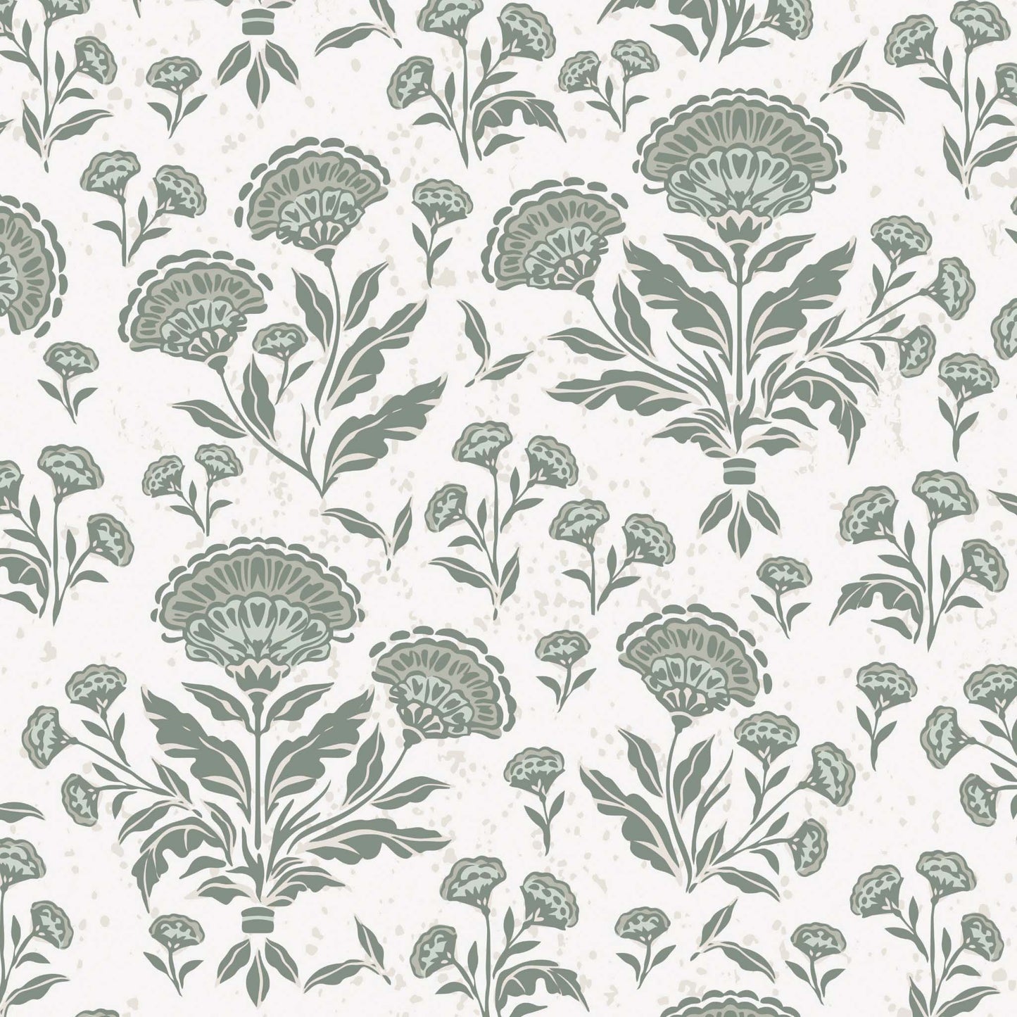 Pattern of green floral designs on a white background