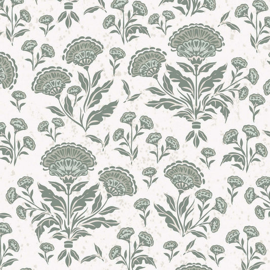 Pattern of green floral designs on a white background