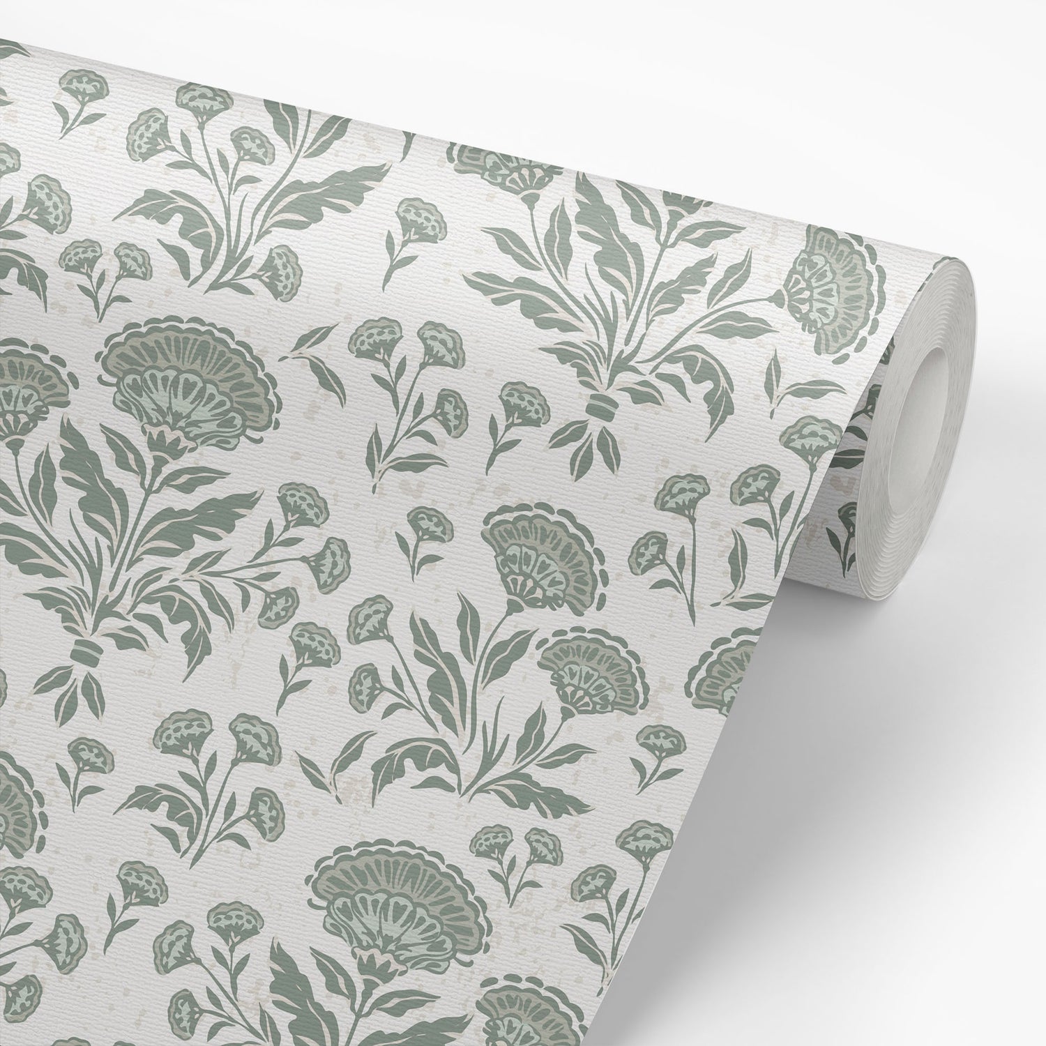 Roll of floral patterned wallpaper with sage designs
