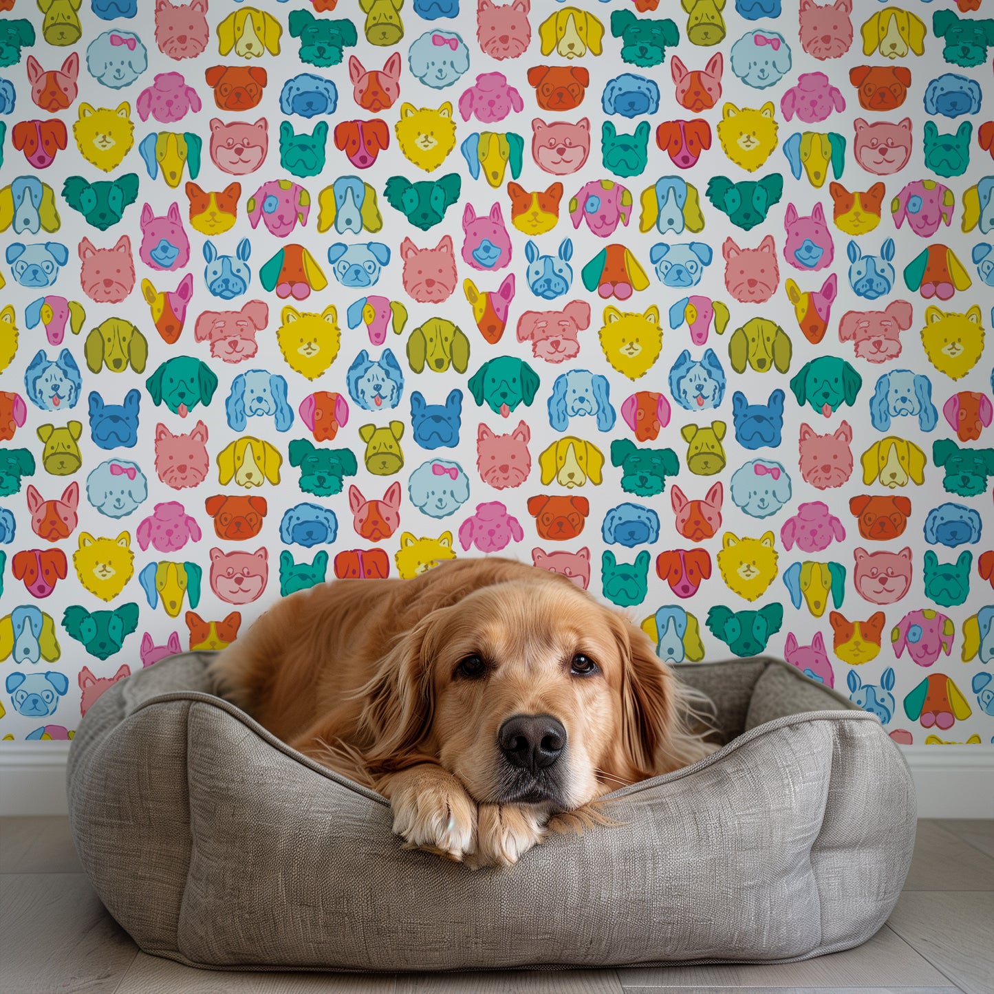 Dog lying in a gray pet bed with a colorful dog patterned wallpaper in the background