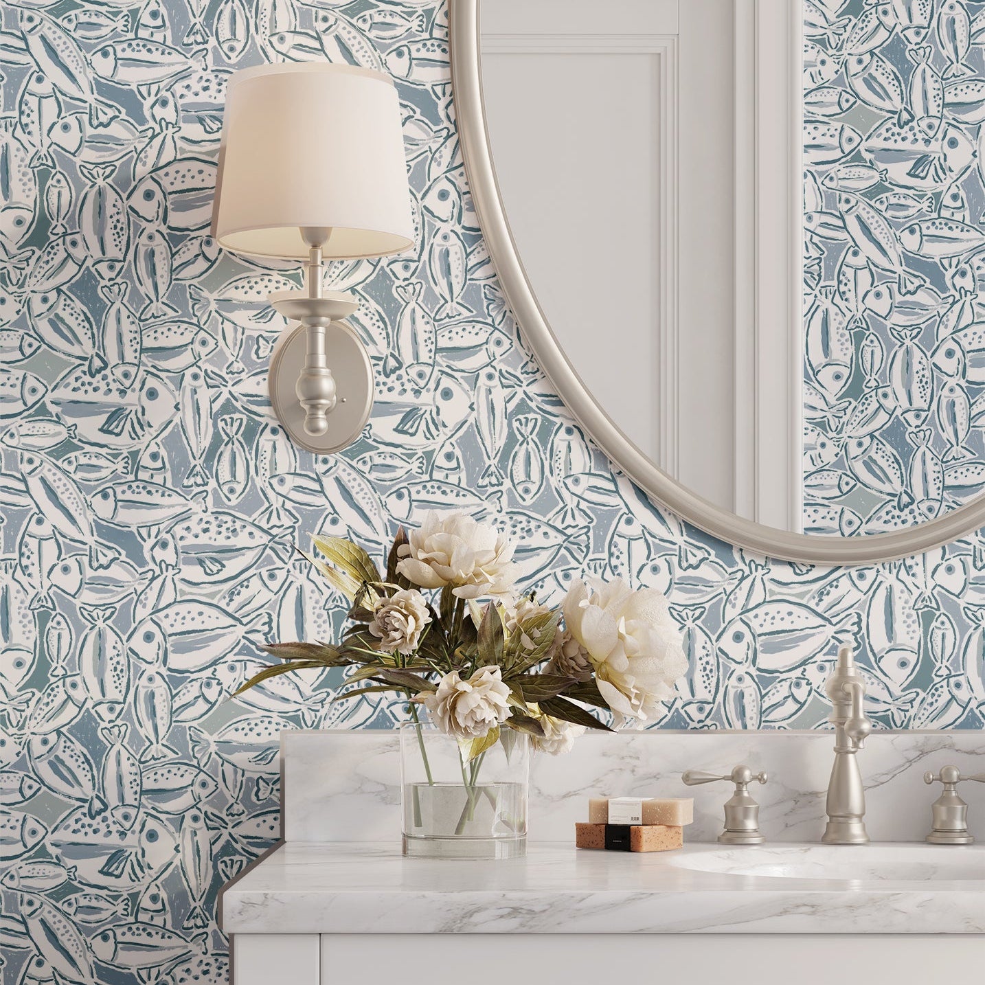 Bathroom with decorative wallpaper, vanity, and floral arrangement.