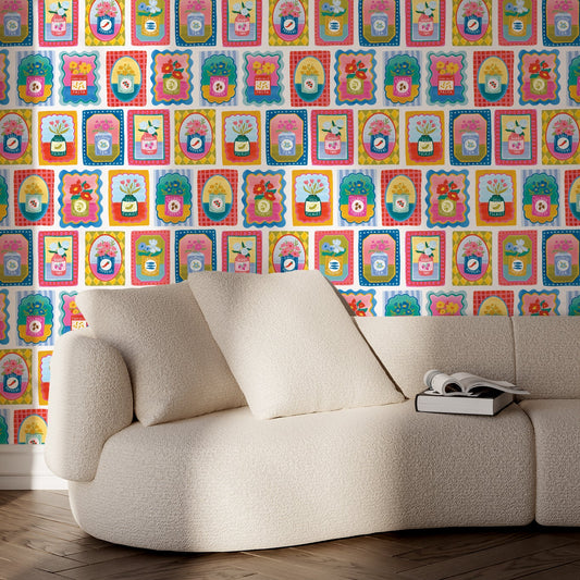 Colorful patterned wallpaper with a white sofa in the foreground