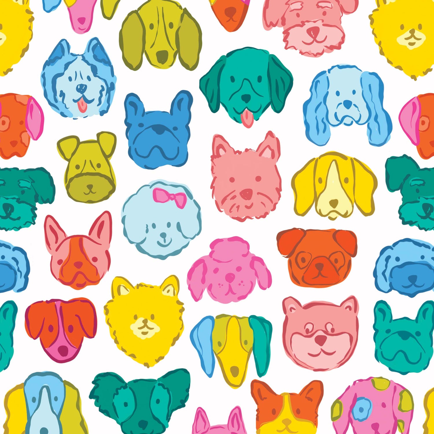 Pattern of colorful dog faces on a white background
