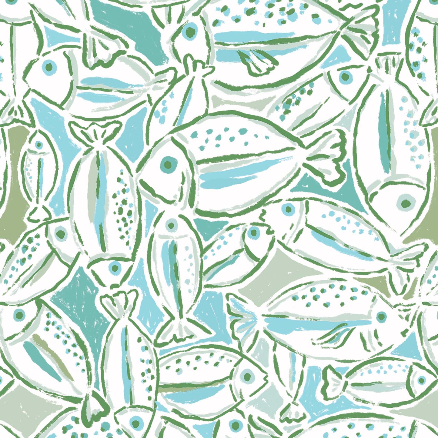 Pattern of stylized fish in blue, green, and white on a light background