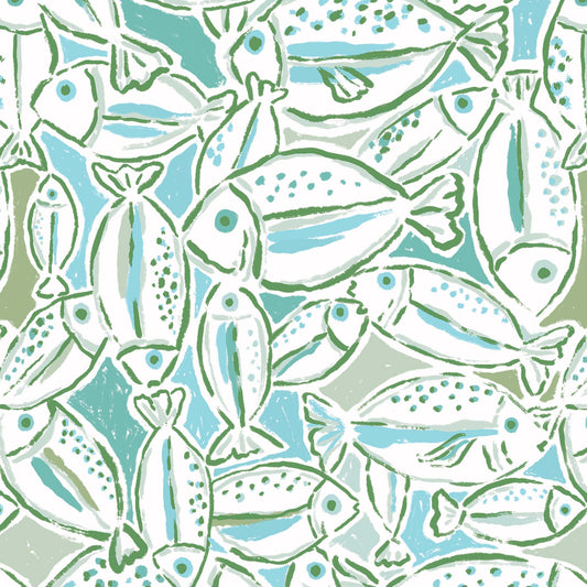 Pattern of stylized fish in blue, green, and white on a light background