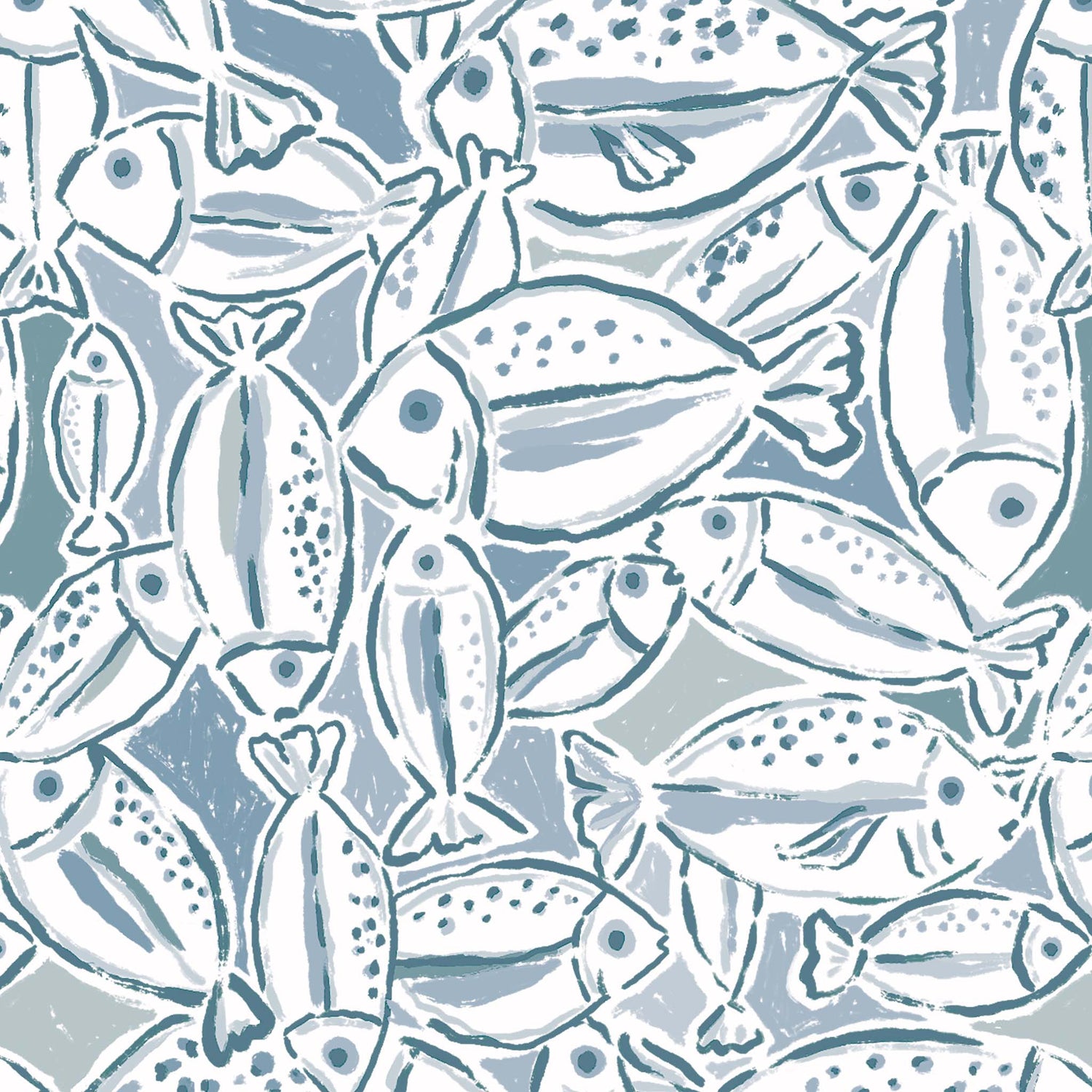 Pattern of stylized fish illustrations on a light blue background
