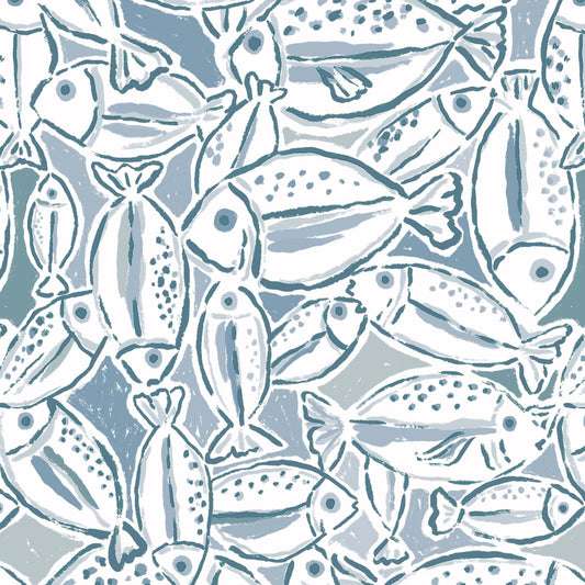 Pattern of stylized fish illustrations on a light blue background