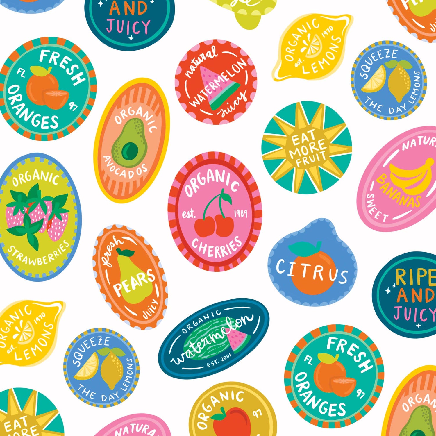 Pattern of colorful fruit stickers with text on a white background