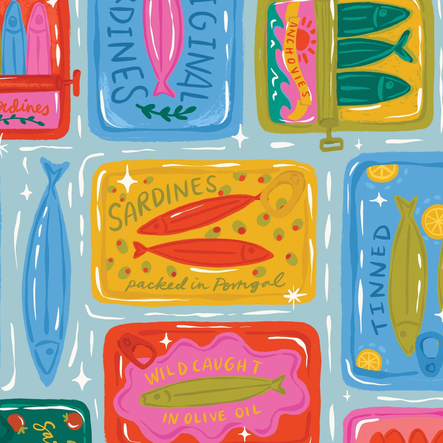 Illustrations of sardine tins with colorful labels on a light blue background