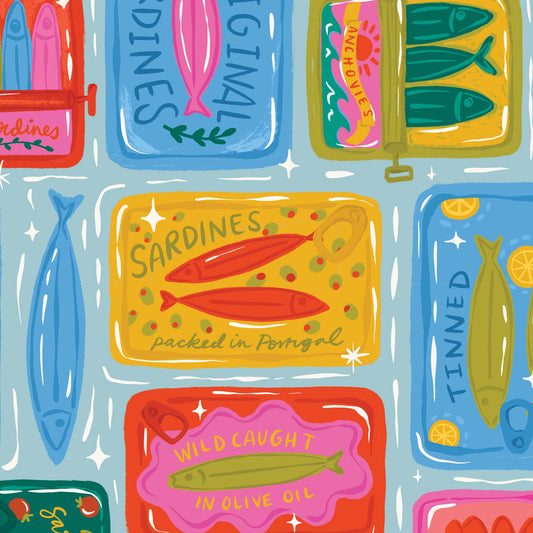 Illustrations of sardine tins with colorful labels on a light blue background