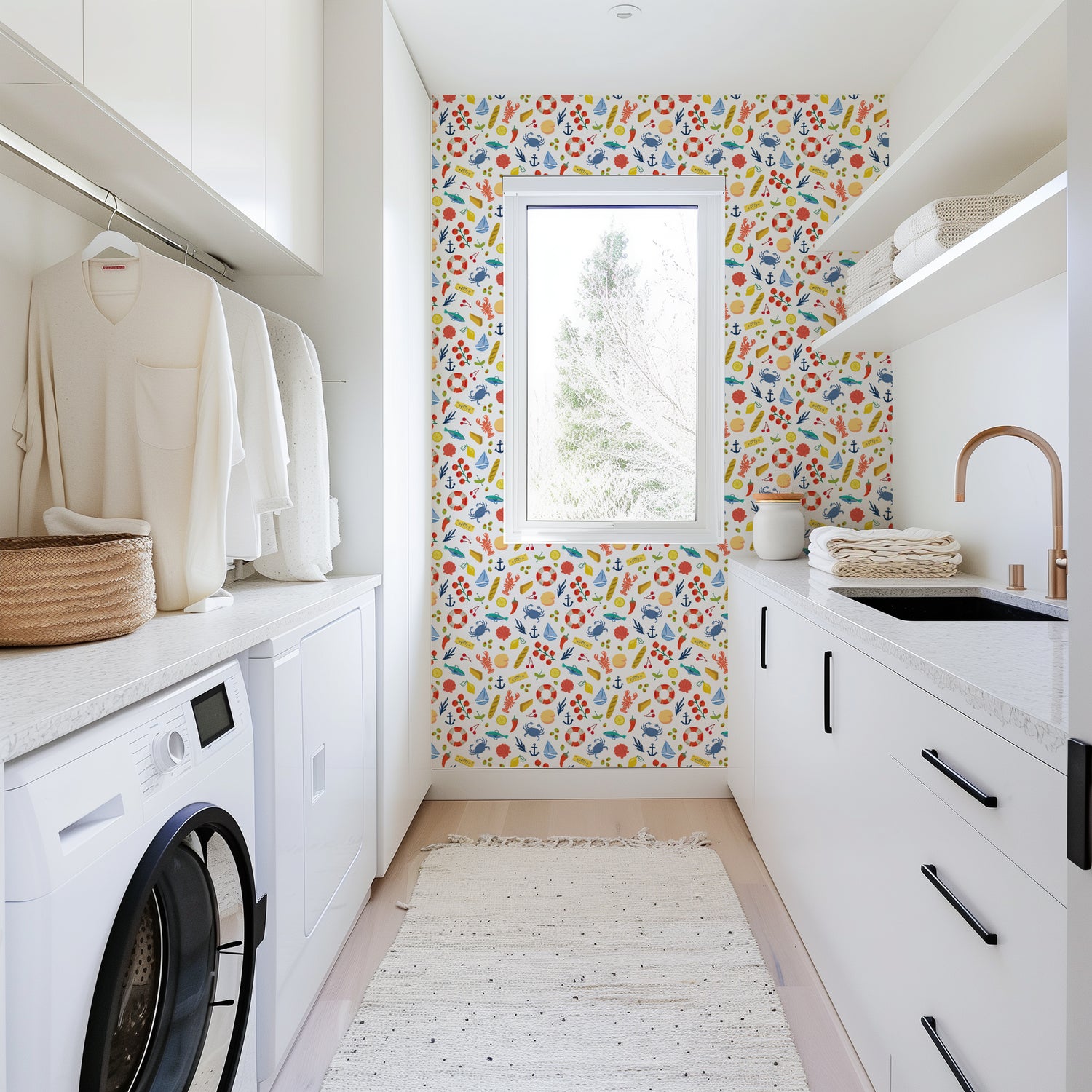 Modern laundry room with colorful wallpaper, washing machine, and cabinets.