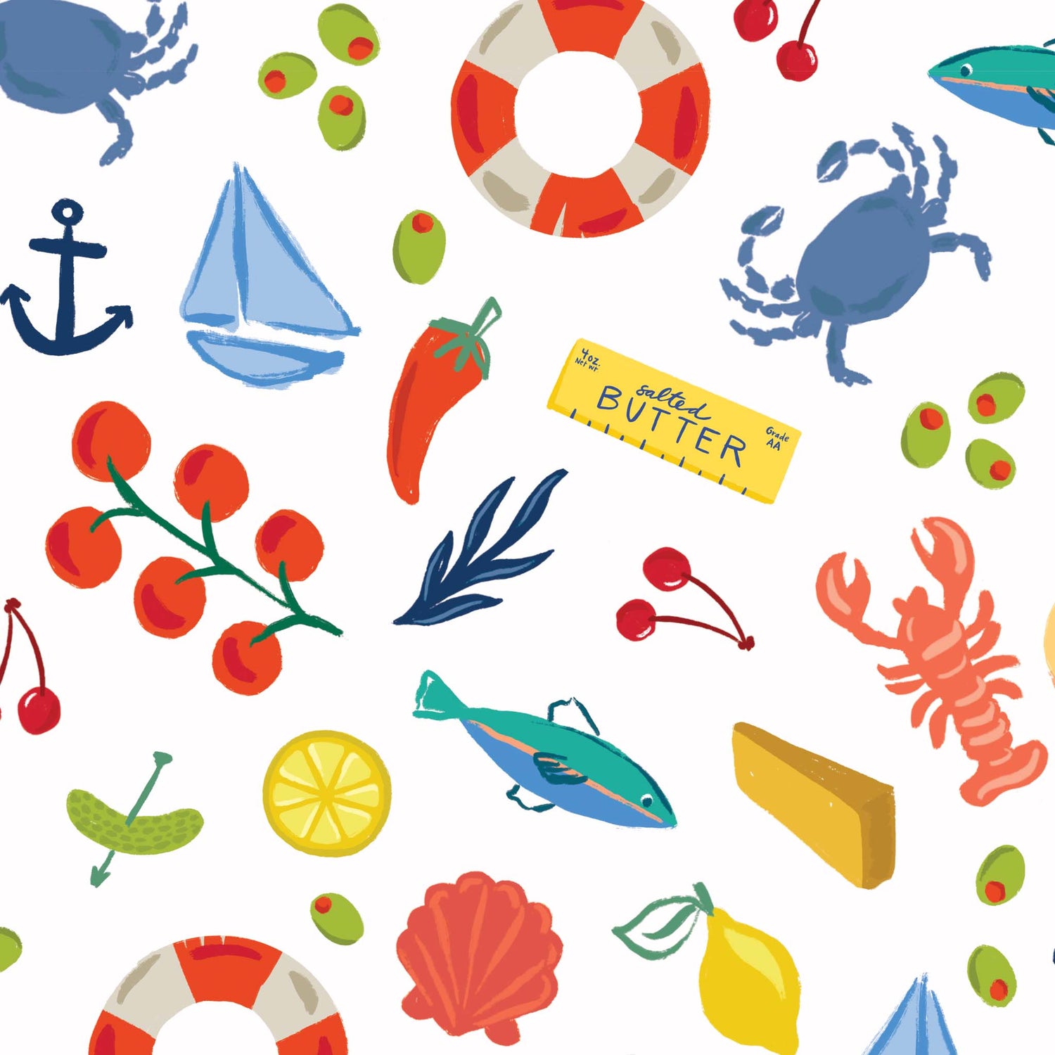 Colorful nautical-themed pattern with items like life buoys, crabs, and fish on a white background.