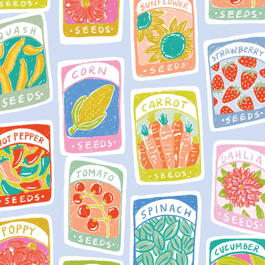 Pattern of colorful seed packets with various vegetables and flowers on a light blue background