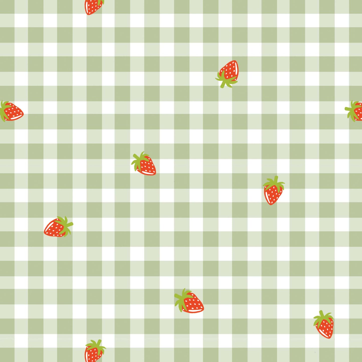 Green and white checkered pattern with small strawberries on a checkered background