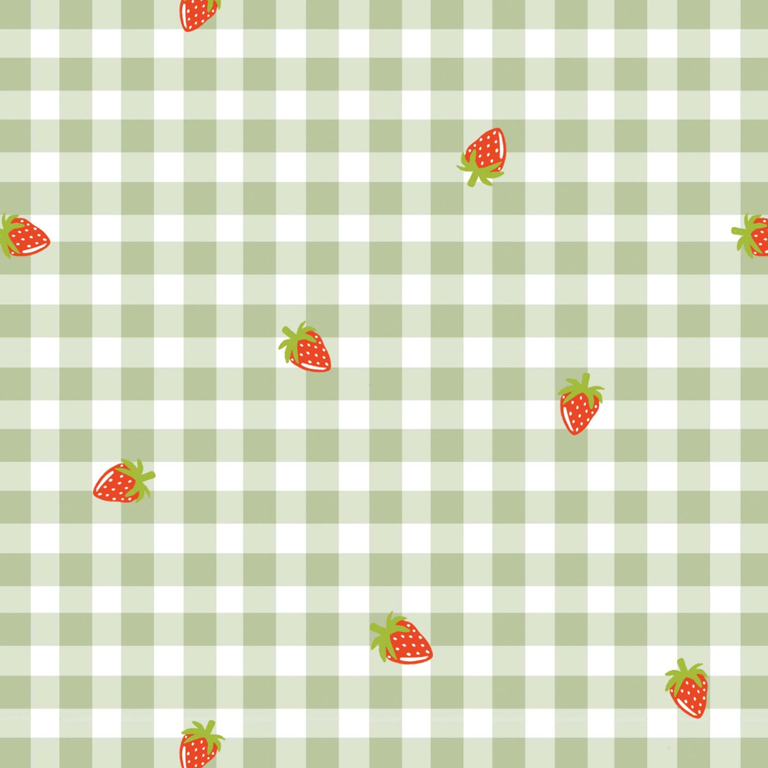 Green and white checkered pattern with small strawberries on a checkered background