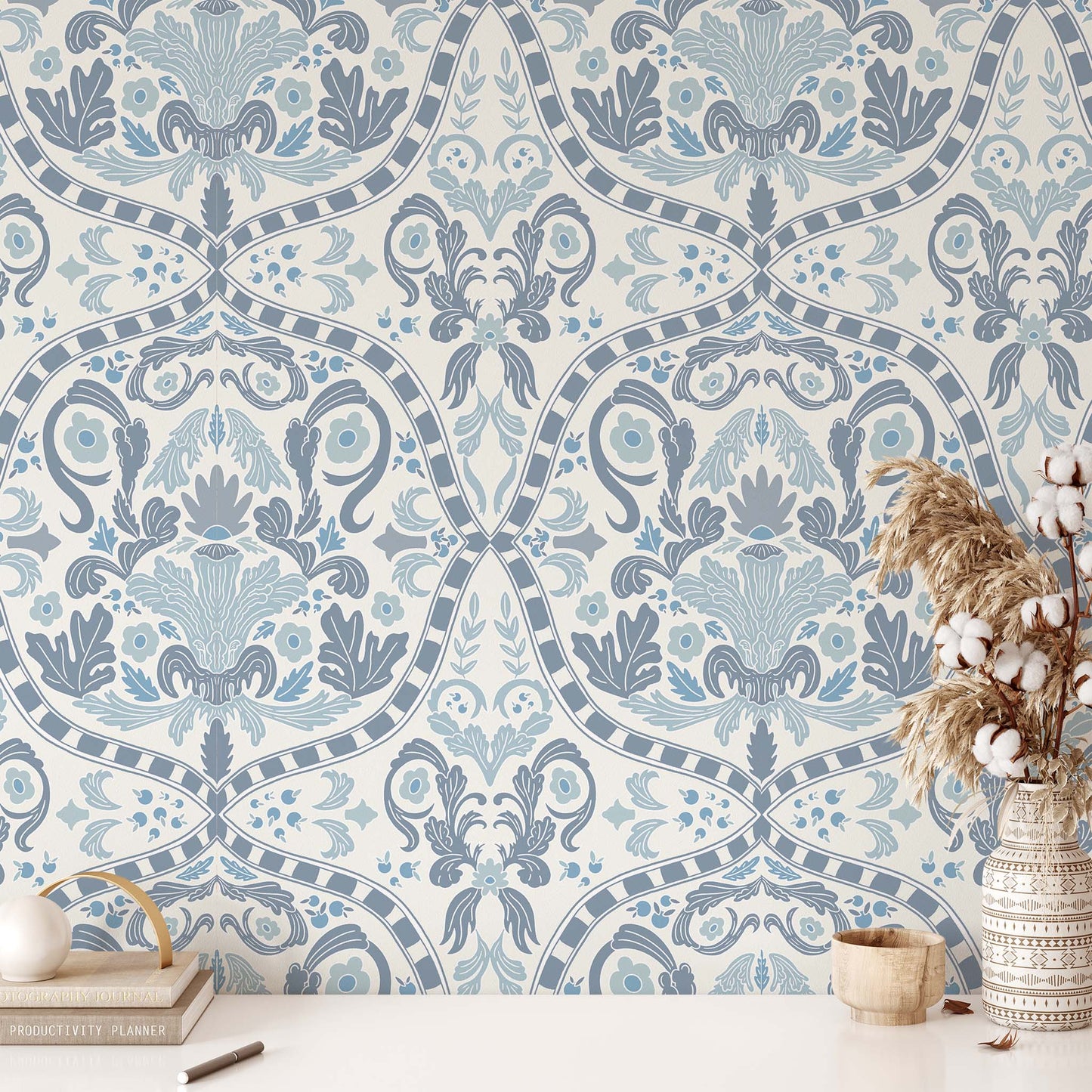 Transform any room into a luxurious retreat with our Italian Villa Wallpaper in Cottage Blue. The unique geometric design adds a touch of sophistication shown in a full size image.