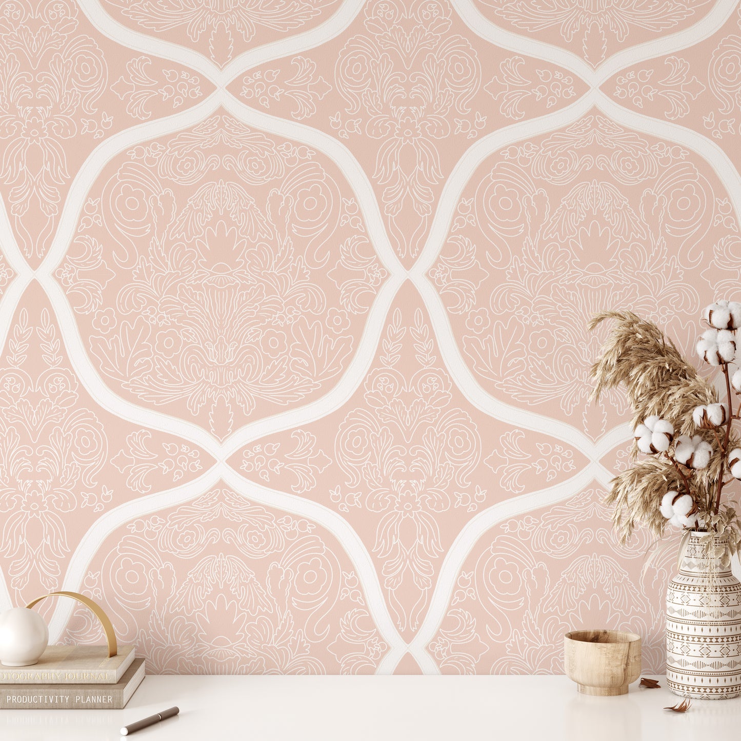 Transform any room into a luxurious retreat with our Italian Villa Wallpaper in Peach. The unique geometric design adds a touch of sophistication shown in a full size image.