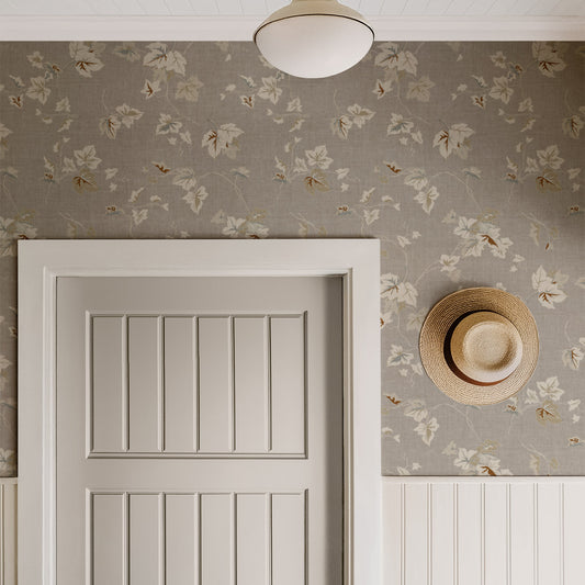 Climbing Ivy Wallpaper in Khaki shown in a hallway
