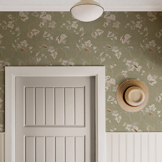 Climbing Ivy Wallpaper in Olive Green shown in a hallway
