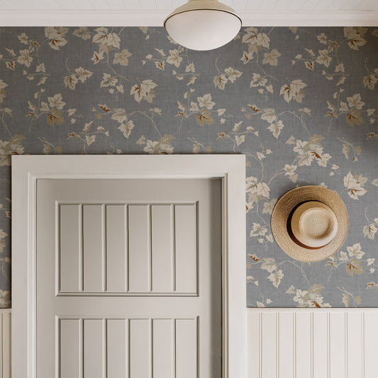 Climbing Ivy Wallpaper in Gray shown in a hallway
