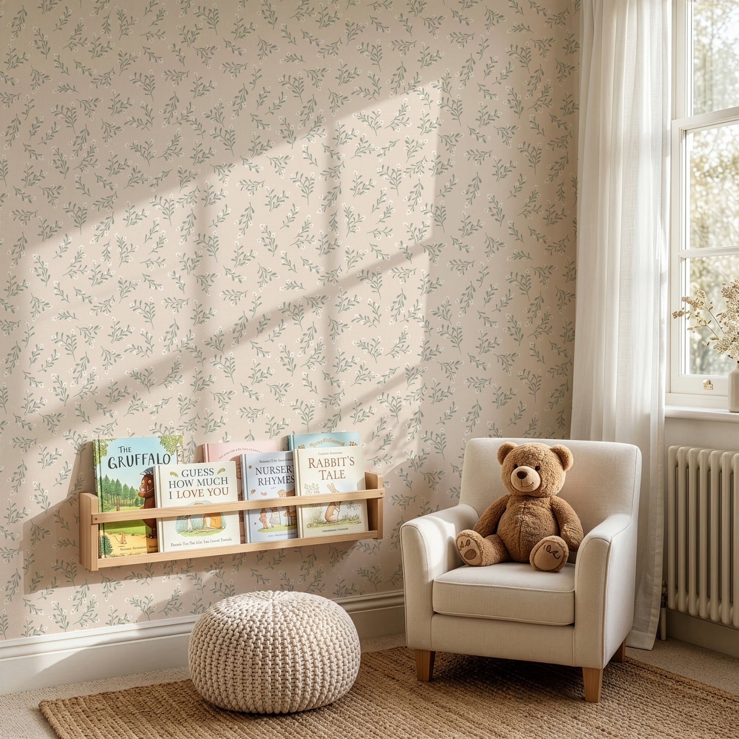 Jasmine Wallpaper in Blush shown in a playroom.