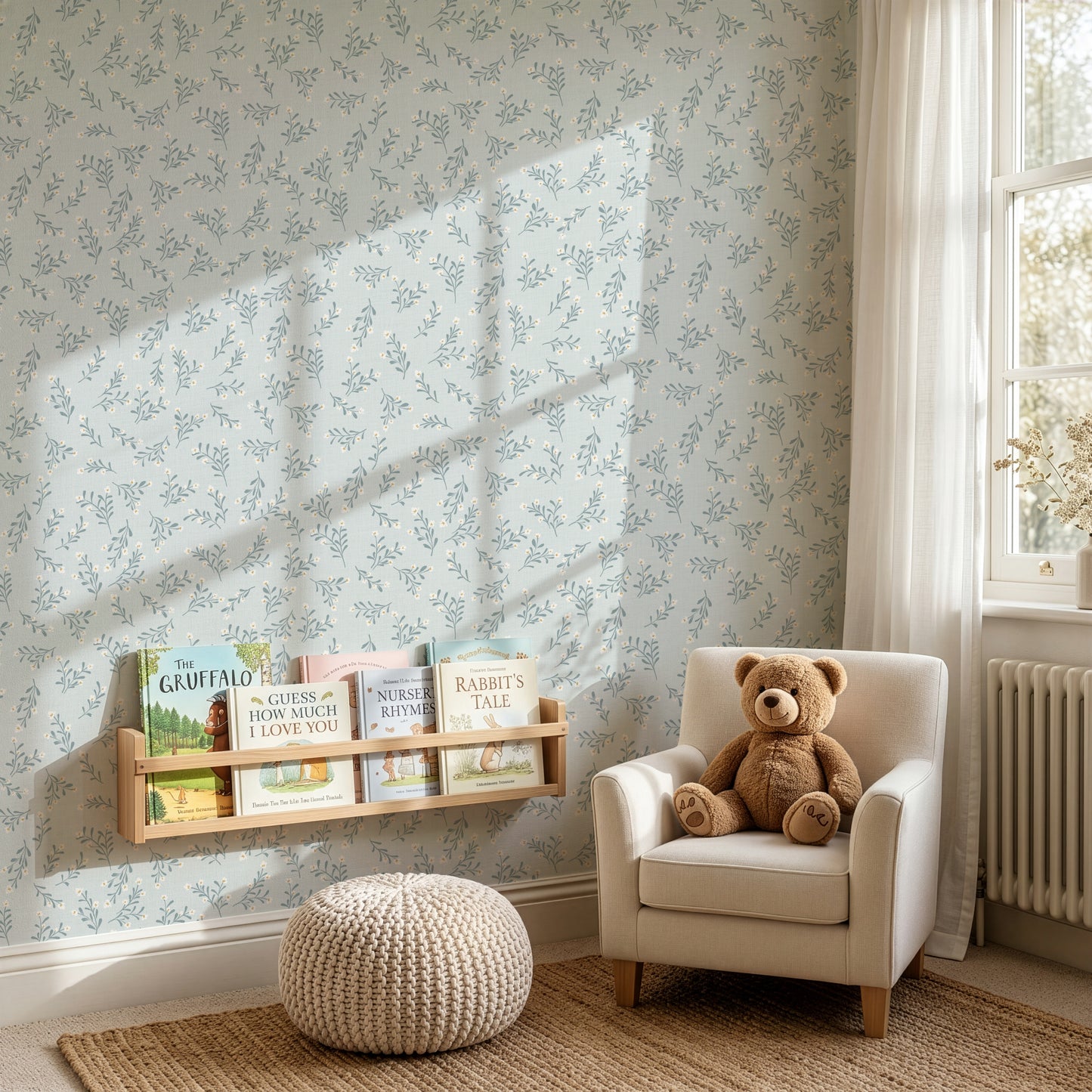Jasmine Wallpaper in Sky shown in a playroom.
