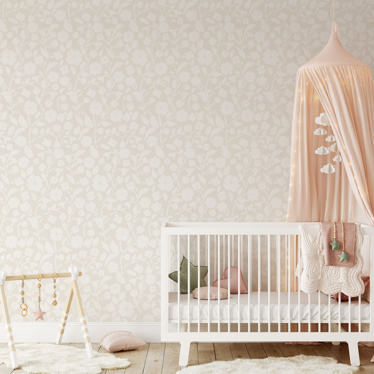 Add a touch of femininity to your space with our Lexington Wallpaper in a cream hue shown in full size image.