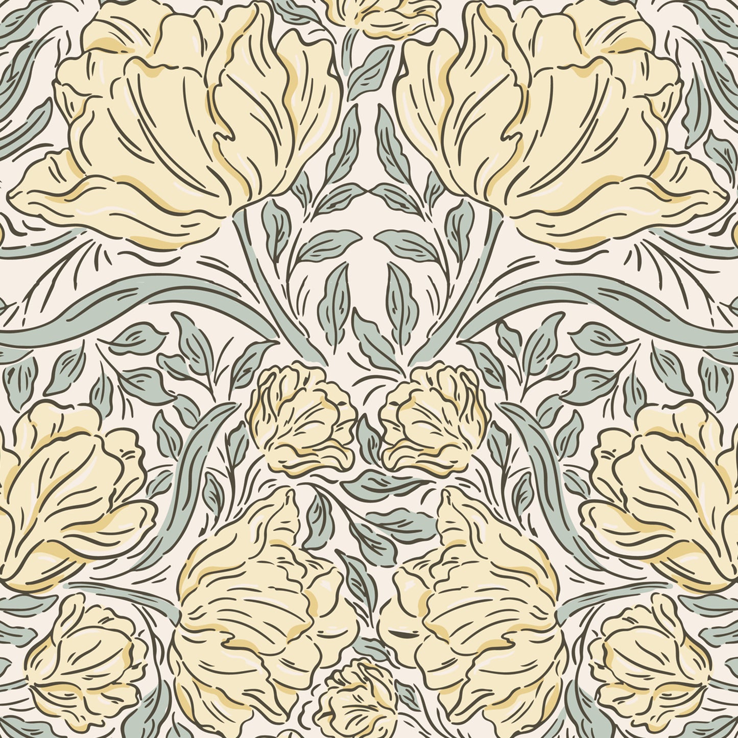 Laced Tulips Wallpaper in Lemon shown close up.