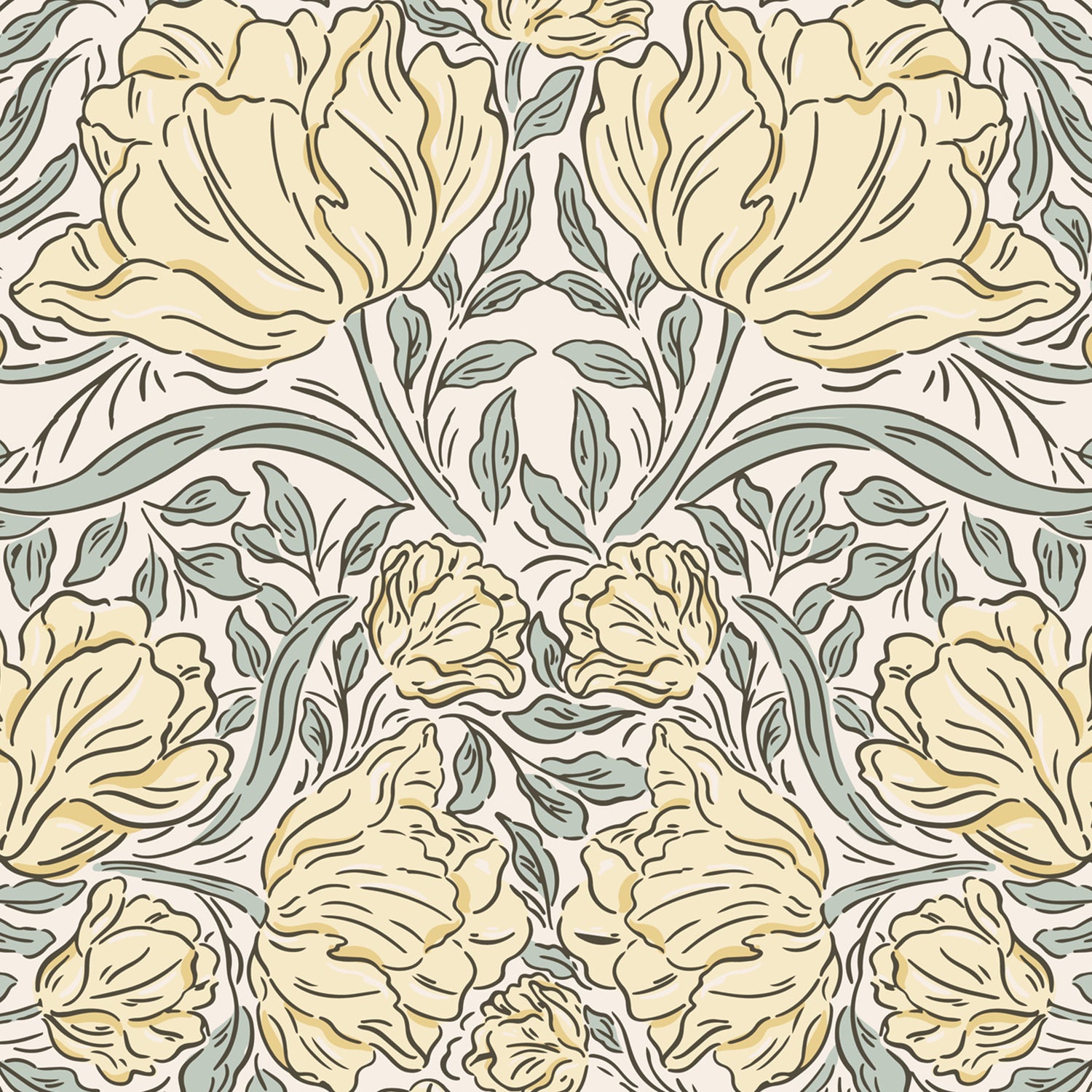 Laced Tulips Wallpaper in Lemon shown close up.