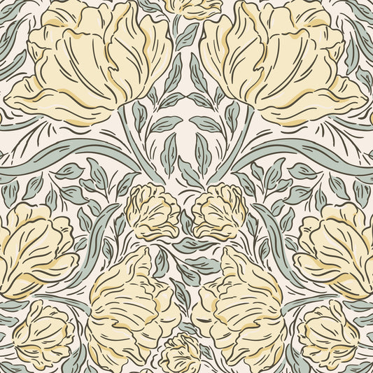 Laced Tulips Wallpaper in Lemon shown close up.