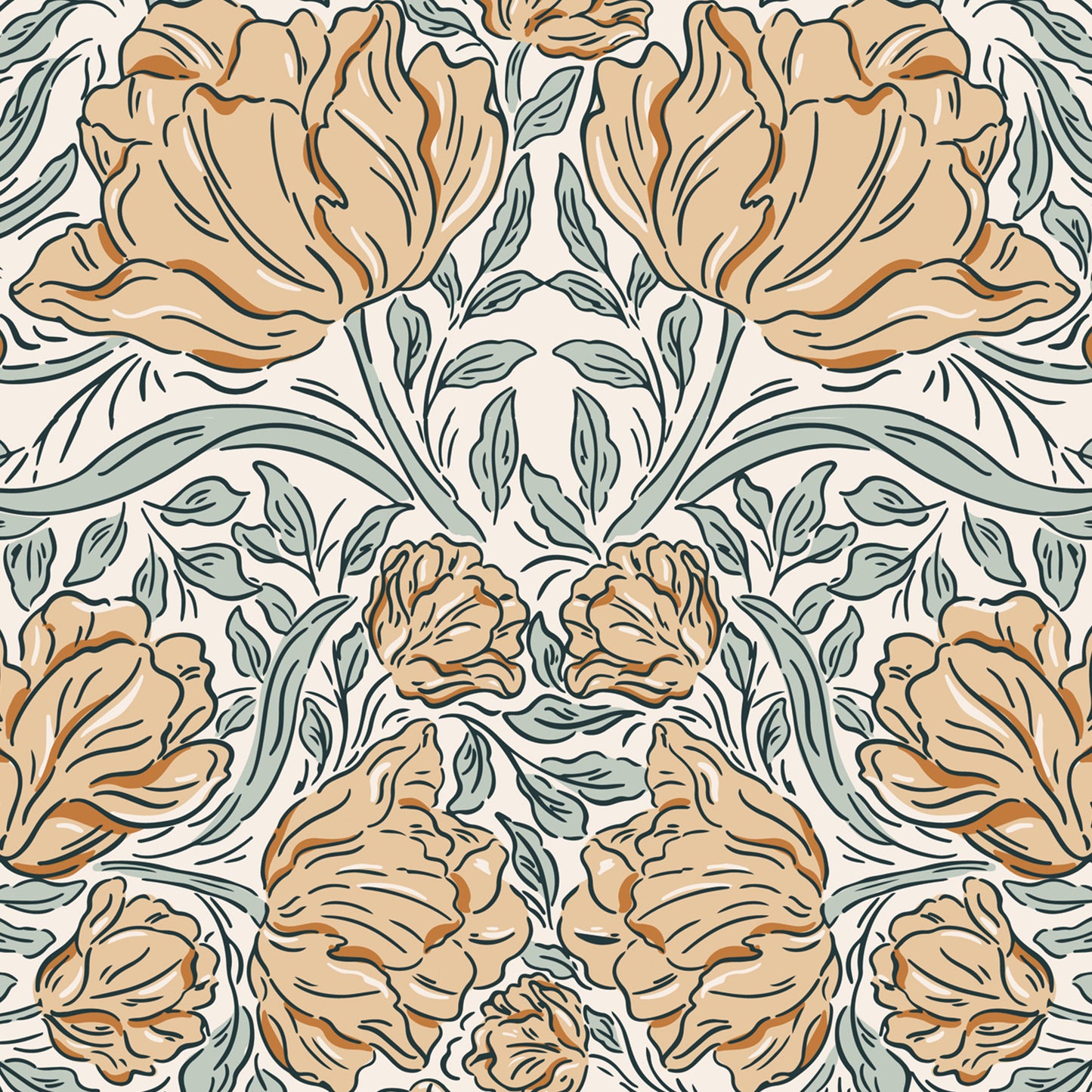 Laced Tulips Wallpaper in Orange shown close up.