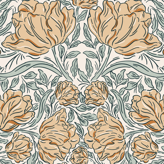 Laced Tulips Wallpaper in Orange shown close up.