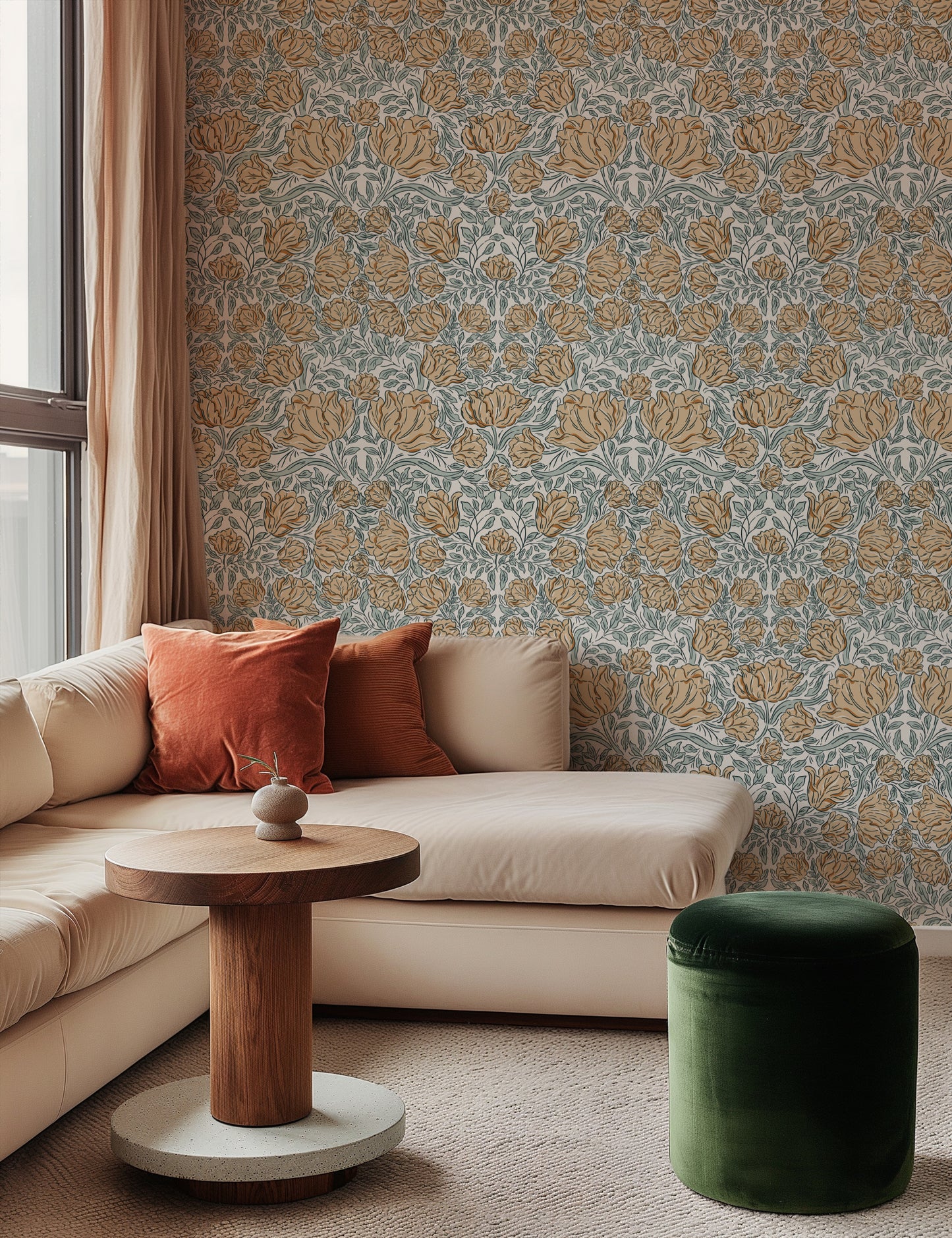 Laced Tulips Wallpaper in Orange shown in a living room.
