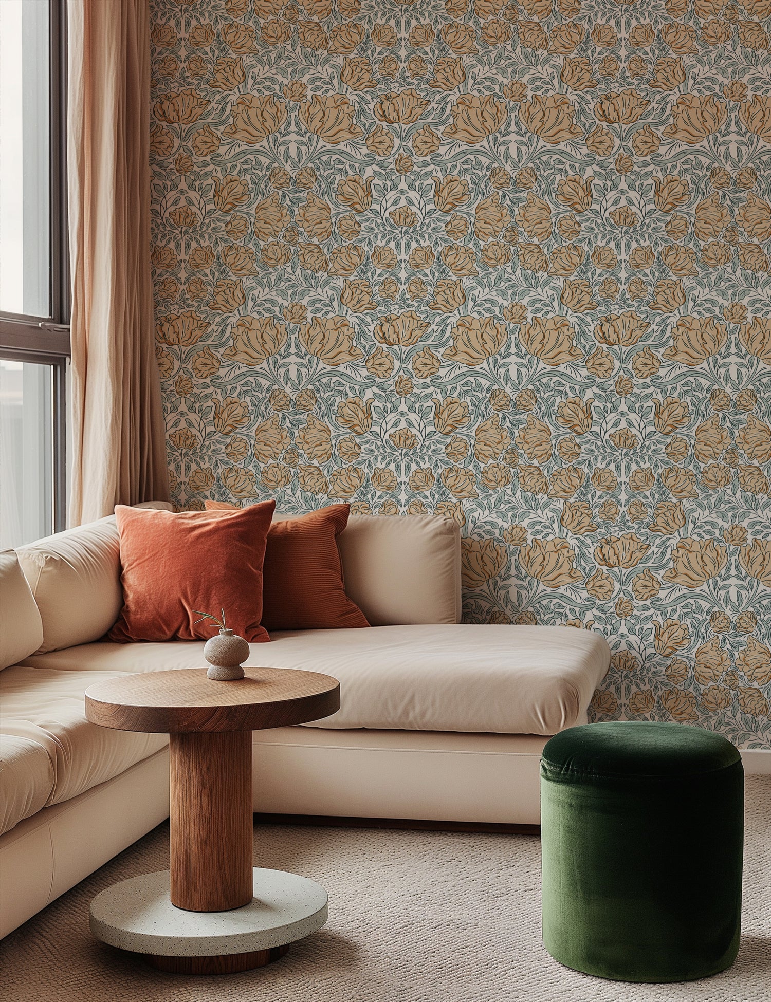 Laced Tulips Wallpaper in Orange shown in a living room.