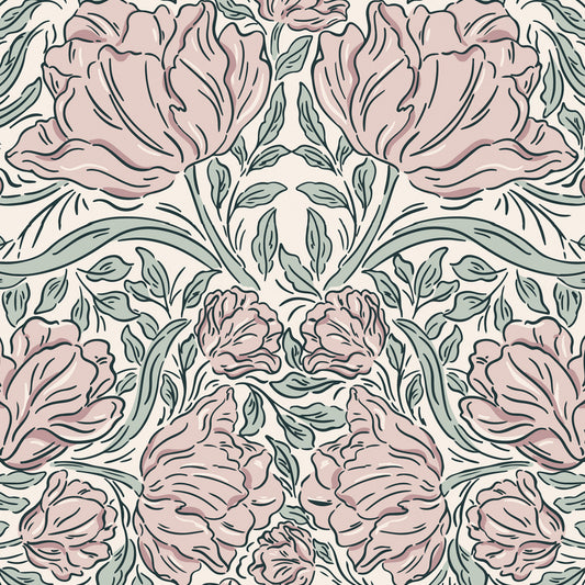Laced Tulips Wallpaper in Blush shown close up.