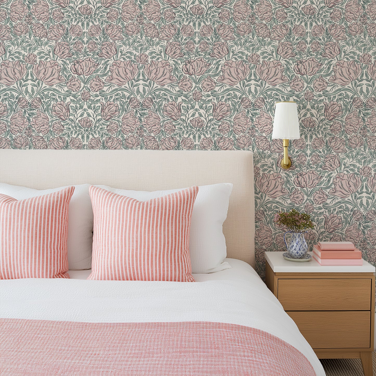 Laced Tulips Wallpaper in Blush shown in a bedroom.