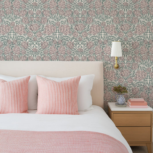Laced Tulips Wallpaper in Blush shown in a bedroom.