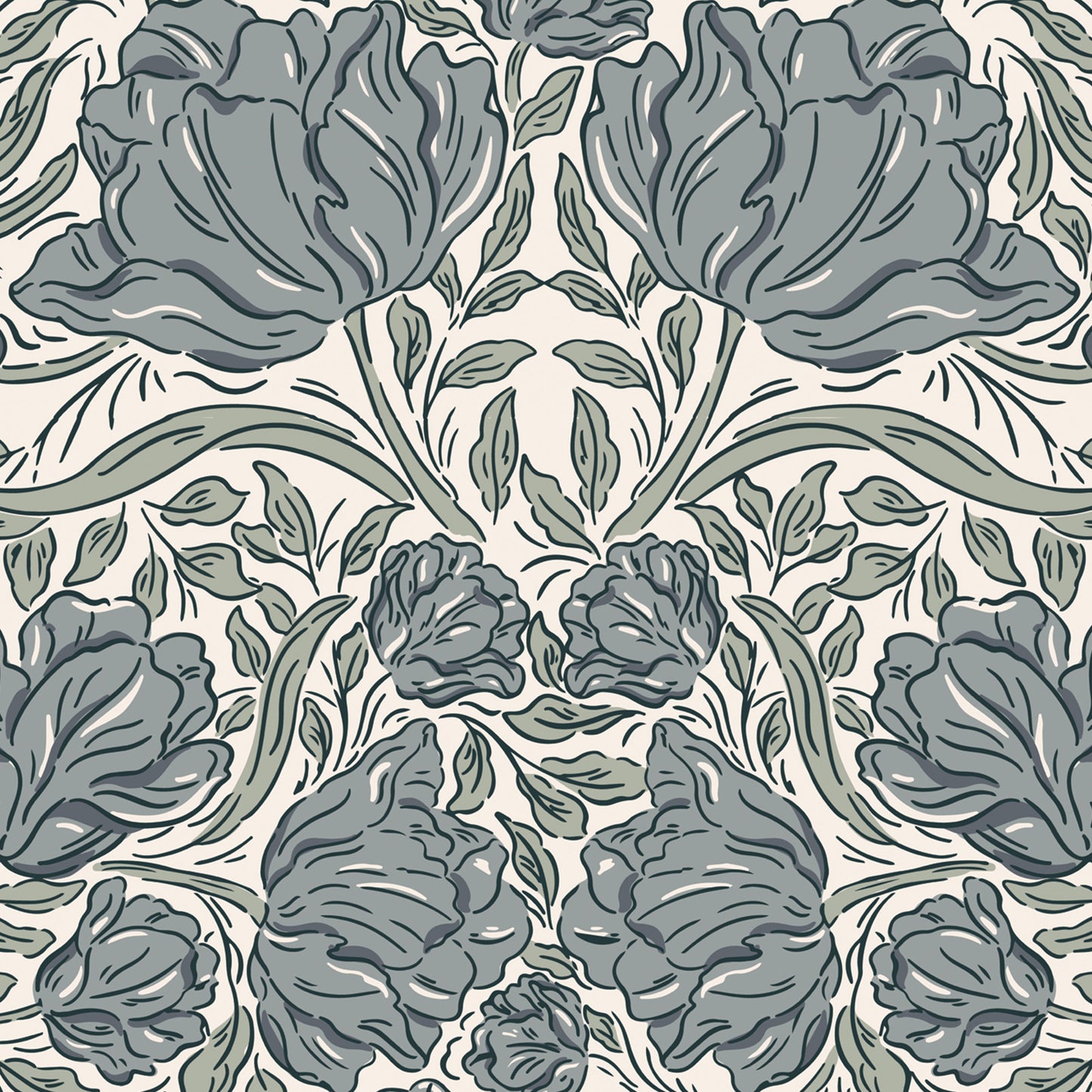 Laced Tulips Wallpaper in Blue shown close up.