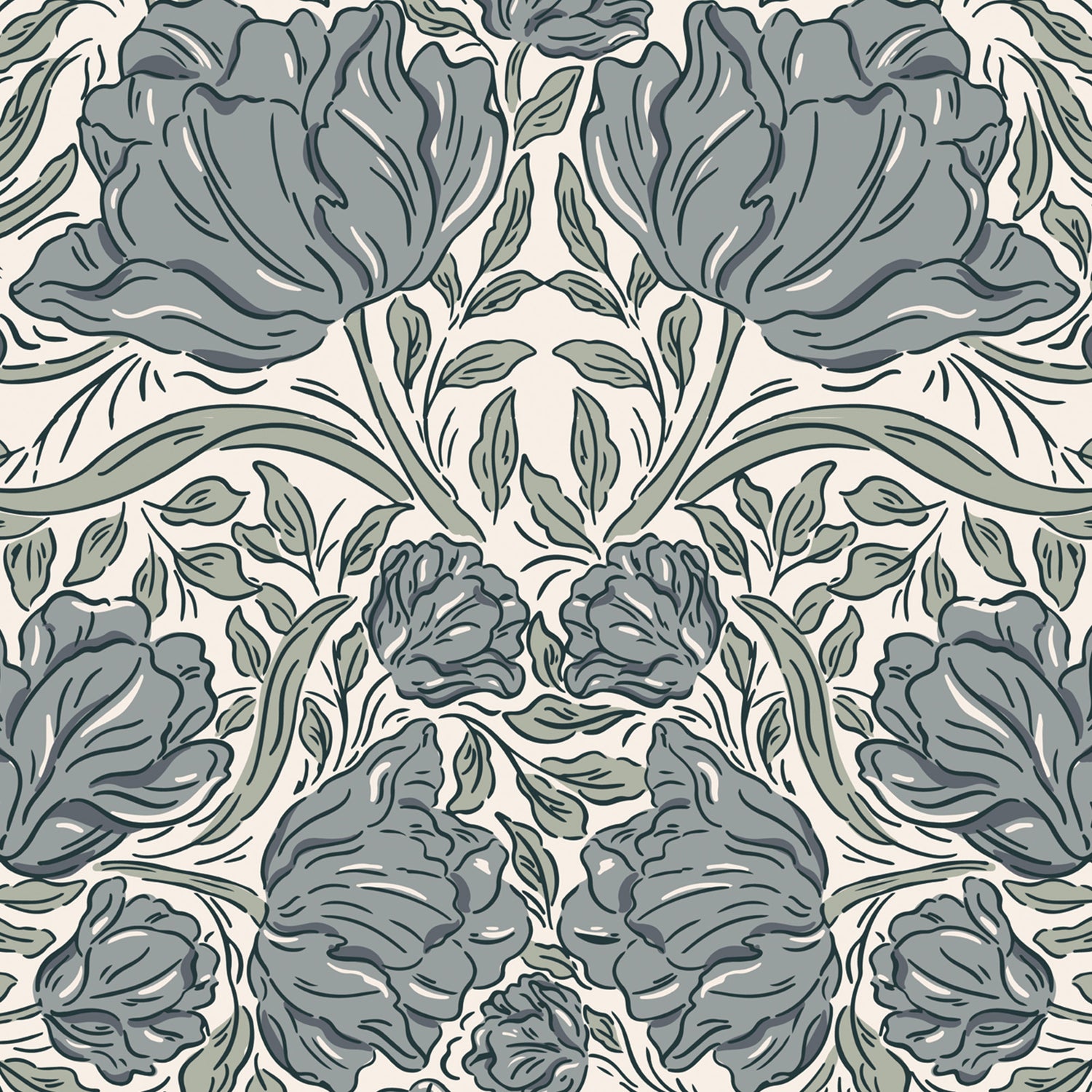 Laced Tulips Wallpaper in Blue shown close up.