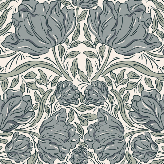 Laced Tulips Wallpaper in Blue shown close up.